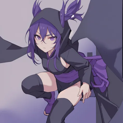 dark skin, black hood and cloak, purple eyes, purple hair, (((black ninja outfit))), combat boots, shy expression, close up, solo female, medium breasts, hands behind back, detailed