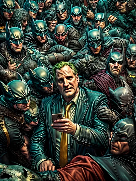 jeff daniels being batman selfie with joker fans. black cape with a gold batman logo on it, surrealism, anaglyph, stereogram, ta...