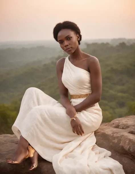 girl wearing a simple long white dress sitting on rock, eye-catching resin jewelry, dark gold and light beige, pastoral settings, raw authenticity,, art of the ivory coast