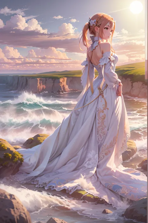 seashore, sunrise clouds, sword art online, asuna with white Tie Back Dress, back view, 8K, high detail, hyper quality, high resolution, 8k smooth, scenery shot, 8K, high detail, hyper quality, high resolution, 8k smooth, scenery shot, ultra wide shot, Asp...