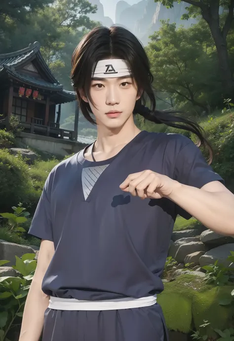 real life adaptation of this character, Korean handsome face, realistic hairstyle, realistic light, realistic shadow, (photorealistic: 1.2), realism, hyper realistic,realistic same outfit ,wear ninja headband