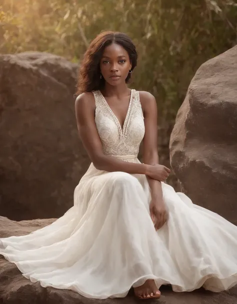 girl wearing a simple long white dress sitting on rock, eye-catching jewelry, dark gold and light beige,art of the ivory coast，medium full shot