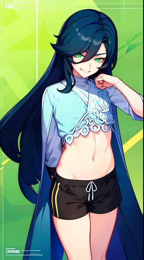 young boy, Long black hair with blue hair tips, Green eyes, Thick openwork top, Shorts, open belly, smirk, hands behind head, Masterpiece, hiquality, high detail, HD, 4k