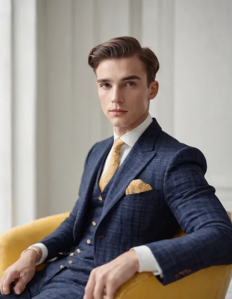 young man in vintage art nouveau style, wearing navy checkered suit, arms crossed and sitting on back of yellow retro chair, medium close up, side shot, white room, high quality photo. medium shot