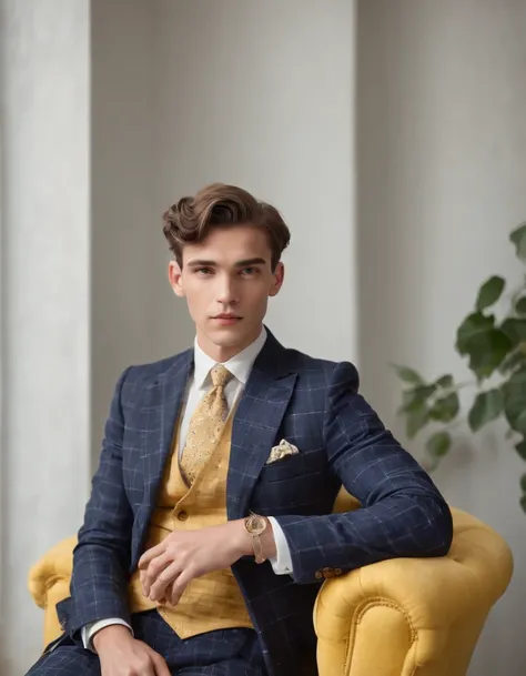 young man in vintage art nouveau style, wearing navy checkered suit, arms crossed and sitting on back of yellow retro chair, medium close up, side shot, white room, high quality photo. medium shot