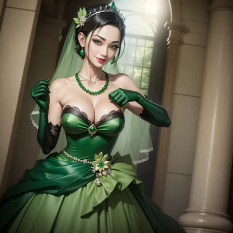 Boyish very short black hair, lipsticks, Japan woman smiling, Green Long Grove, Long green gloves made of satin material, lipsticks, Japan woman smiling, Satin green long gloves,　emerald tiara, Green Pearl Necklace, verd s eyes, Green eyes, Long green glov...