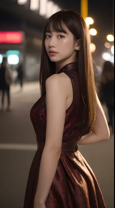 ((top-quality、8K、​masterpiece、:1.3))、1girl in、Amazing beauty，full body Esbian、Slim Faces、Pretty women、(dark brown hair)、qipao dress:1.1、Super Detailed Face、detailedeyes、二重まぶた、blurry backround、Slim Faces、nighttime scene、appearance、Street、raw,Back，Walking，ra...