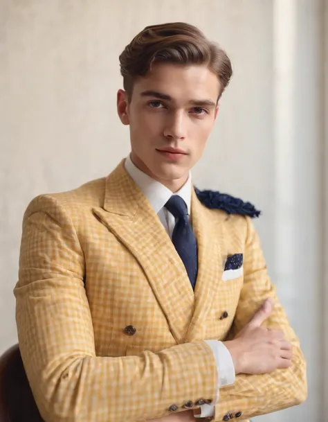 young man in vintage art nouveau style, wearing navy checkered suit, arms crossed and sitting on back of yellow retro chair, medium close up, side shot, white room, high quality photo. medium shot