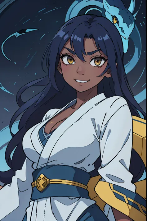 dark blue hair, yellow eyes, snake eyes, upper body shot, medium breasts, white and blue kimono, grin, dark skin, serious expression