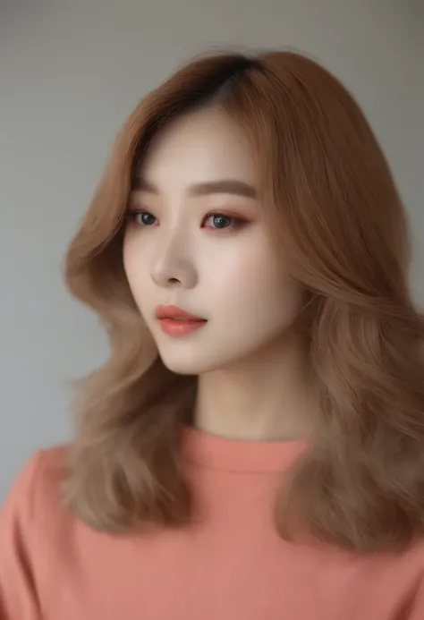 Profile slightly slumped。
hyper realstic。
Middle Hair Woman。soio。
Hair length below the shoulders。 
Hair color is blonde。Wolfhair。
thins、Gray ash&It has a pink color in it。 
Permed。
Korean。 
thin makeup。
Light orange eyeshadow。
Light orange lip。 
Flat ligh...