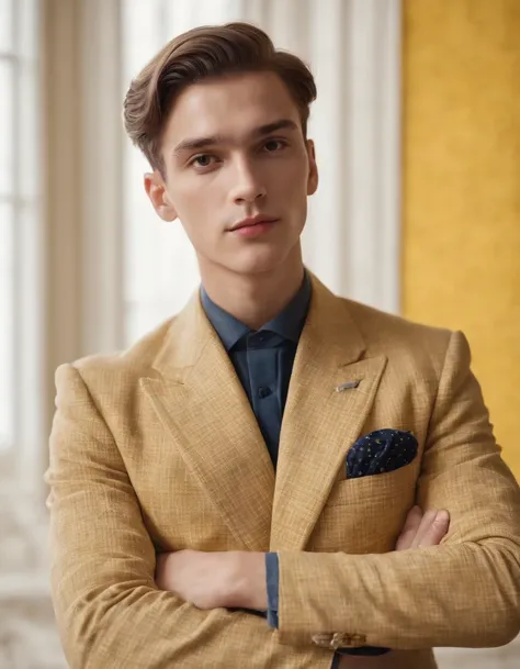 young man in vintage art nouveau style, wearing navy checkered suit, arms crossed and sitting on back of yellow retro chair, medium close up, side shot, white room, high quality photo. close-up