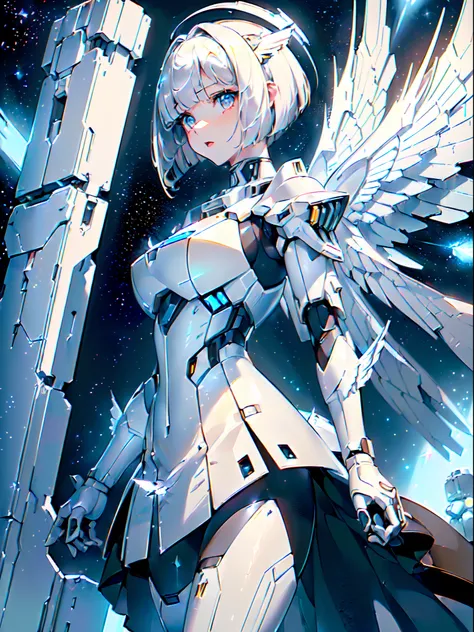 ((Masterpiece)), (angel:1.3), (1 girl, Pale hair, Short hair, Bob cut:1.4), (Futuristic suit, White mech set, White mech skirt, White mechs with large wings in the back:1.3), (space, Star shooting star:1.2), (glitter effects), ((Ultra detail)), ((delicate ...