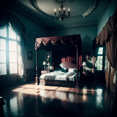 Gloomy bedroom, Creepy Bed, Gothic bed, creepy ambiance, it is frightful, A hyper-realistic, Nikon D7000, ISO 80, dim lighting, dim lighting