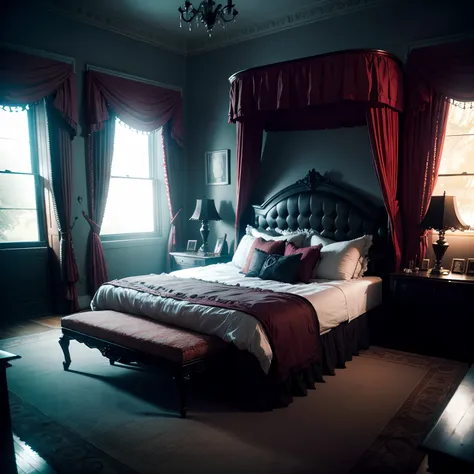 Gloomy bedroom, Creepy Bed, Gothic bed, creepy ambiance, it is frightful, A hyper-realistic, Nikon D7000, ISO 80, dim lighting, dim lighting