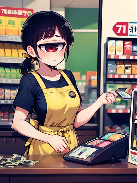 1girl,ponytail,tangan,cyclops, convenience store,cashier, konbini,counter, cash register,7-eleven, employee badge,apron