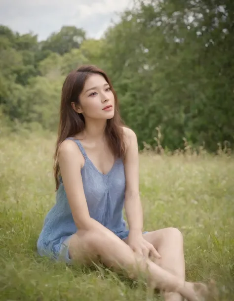 1girl,,Canon DIGITAL IXUS 700,sitting on the sloping grass,a gentle breeze blows up the hair,a concise and clean image,Full shot,a blue sky floating with clouds,horizon,miyazaki hiyori,fisheye,arm support,selfie,