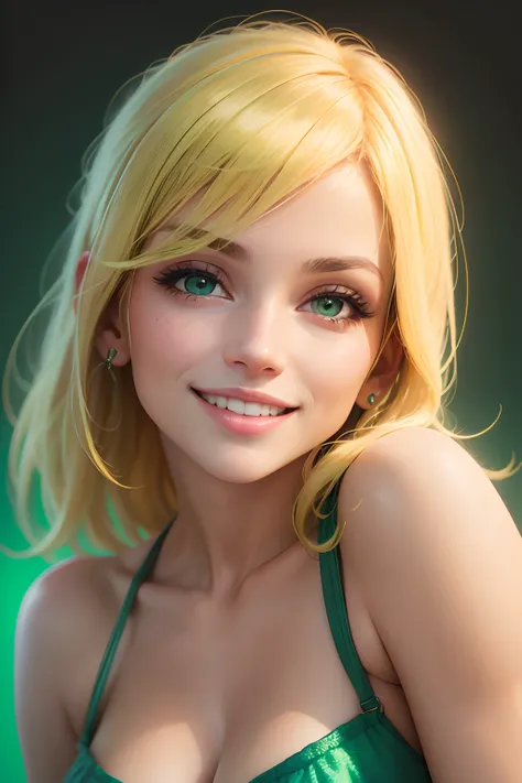 Crie um fundo verde com uma mulher loira encantadora com um sorriso radiante, usando uma roupa social, Primary, soft colors for specific details, ensuring realistic details with techniques such as highlighting, reflective lighting and mixing.