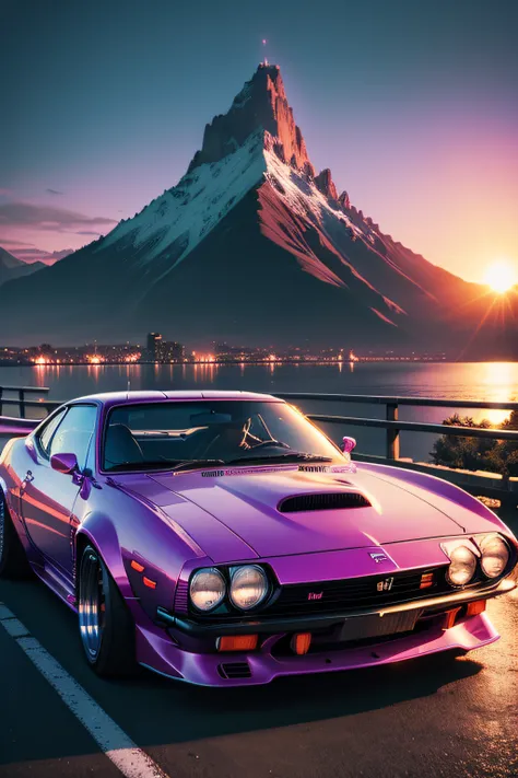 retrowave. City, 1969 Nissan S30, wide body kit, Road, PURPLE NEON MONITOR LIGHT, Sun, Mountain, (Masterpiece, Detailed, A high resolution),