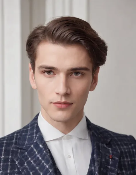 young man in vintage art nouveau style, wearing navy checkered suit,  medium close up, side shot, white room, high quality photo.