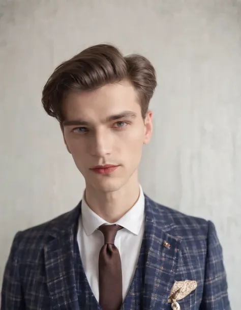 young man in vintage art nouveau style, wearing navy checkered suit, medium close up,white room, high quality photo.