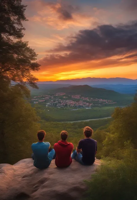 Two friends sitting on a mountain talking, in the background you can see the town, trees next to them, sunset, well detailed illustration, full HDR