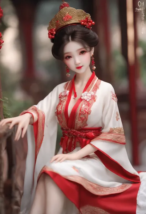 (Masterpiece) (Best quality) (Ultra-detailed), (full bodyesbian:1.2), 1girll, tchibi, Cute, Smile, (Beautiful detailed face), (Beautiful detailed eyes), White skirt, red decoration, Chinese summer wear, pale porcelain skin, Art in the Guwitz style, Soft Po...