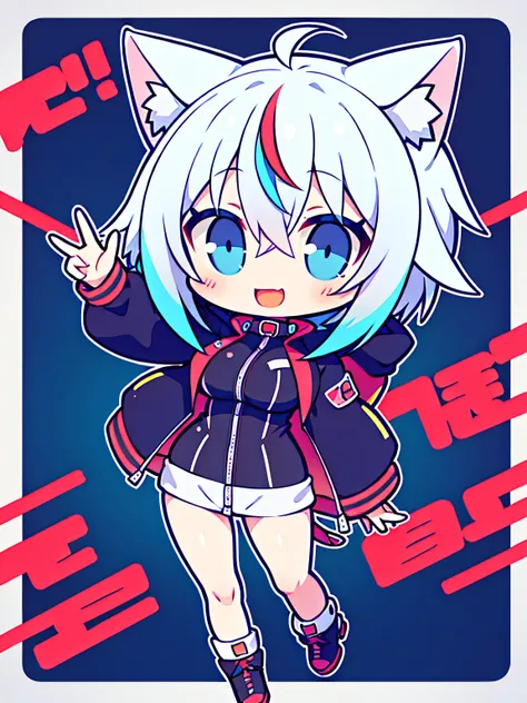 the anime character is fully dressed in very warm and sexy outfit, oversized jacket, 1girl, solo, multicolored pastel hair, blue eyes, virtual youtuber, cat ears, streaked hair, white hair, breasts, smile, short hair, expressive, black bodysuit, neon, cybe...