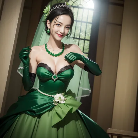 Boyish very short black hair, lipsticks, Japan woman smiling, Green Long Grove, Long green gloves made of satin material, lipsticks, Japan woman smiling, Satin green long gloves,　emerald tiara, Green Pearl Necklace, verd s eyes, Green eyes, Long green glov...