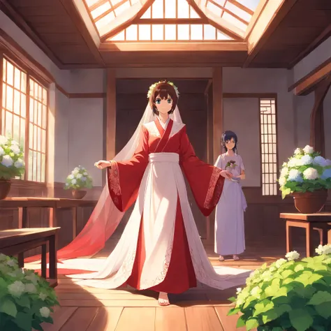 Ancient women married，Red robe wedding dress，Hydrangea in hand，Stand above the attic，Faraway view，Cover with a veil