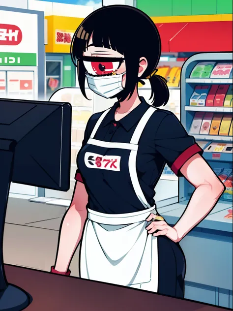 1girl,ponytail,tangan,cyclops, convenience store,cashier, konbini,counter, cash register,7-eleven, employee badge,apron