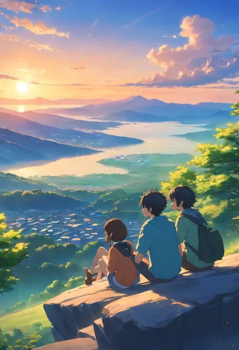 Two friends sitting on a mountain talking, in the background you can see the town, trees next to them, sunset, well detailed illustration, full HDR