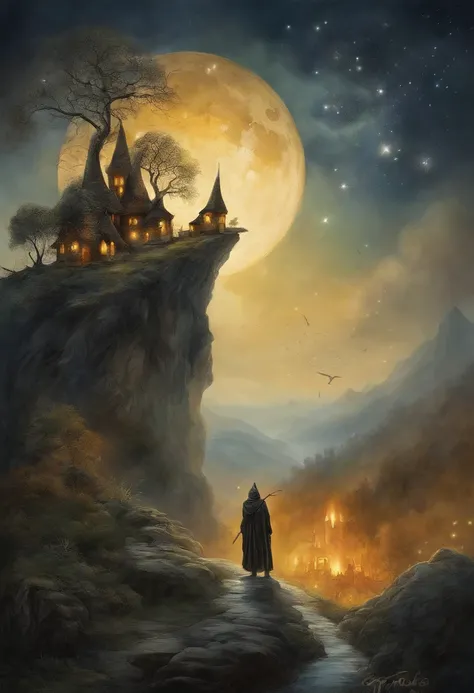 masterpiece, best quality, ultra-detailed, illustration, buddhist monk, solo, fantasy, flying, broom, night sky, outdoors, magic, spells, moon, stars, clouds, wind, cape, broomstick, glowing, mysterious, enchanting, whimsical, playful, adventurous, freedom...