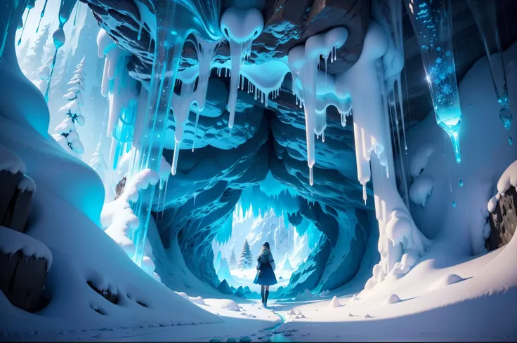 a girl in a cave in a snowy mountain,illustration,crystal-clear icicles,icy stalagmites and stalactites,sparkling snowflakes(best quality,4k,8k,highres,masterpiece:1.2),dimly lit,ethereal,cool blue color palette,faint shafts of light