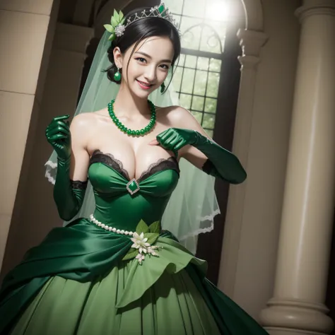 Boyish very short black hair, lipsticks, Japan woman smiling, Green Long Grove, Long green gloves made of satin material, lipsticks, Japan woman smiling, Satin green long gloves,　emerald tiara, Green Pearl Necklace, verd s eyes, Green eyes, Long green glov...