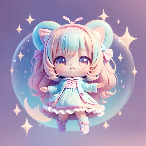 Chibi looked up, Leaning, Bubbles around, kawaiitech, kawaii, Cute, Pastel colors, Best quality, cheerfulness, Long sleeves