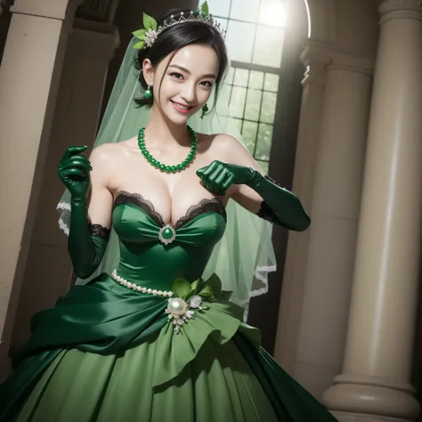 Boyish very short black hair, lipsticks, Japan woman smiling, Green Long Grove, Long green gloves made of satin material, lipsticks, Japan woman smiling, Satin green long gloves,　emerald tiara, Green Pearl Necklace, verd s eyes, Green eyes, Long green glov...