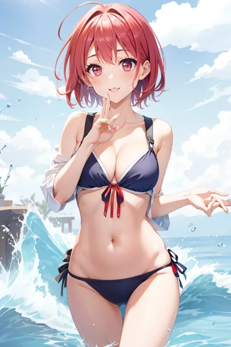 swim wears、hposing Gravure Idol、masutepiece, Best Quality, absurderes, Perfect Anatomy, 1girl in, Solo,Short hair、 cleavage, ssmile, Red hair, White eyes、wave her hand