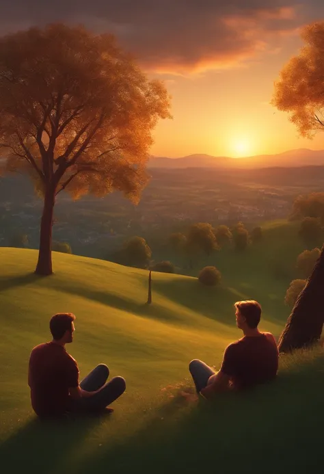 Two friends sitting on the hill chatting, In the background，You can see the town, next to the tree, Sunset, Detailed illustration, Full-HD