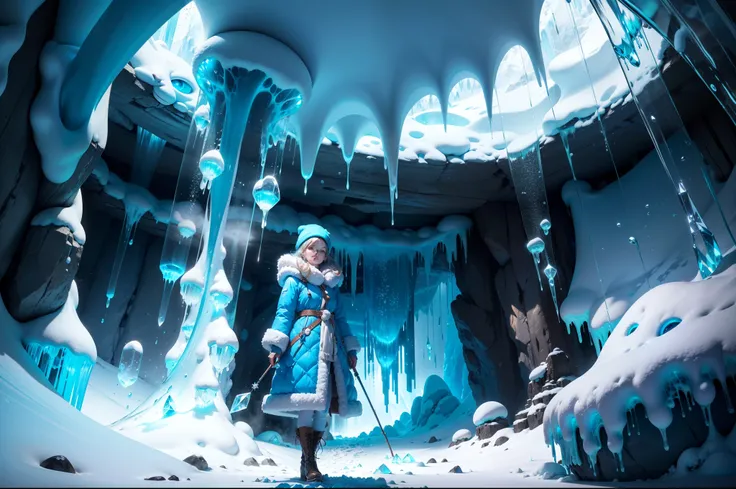 a girl in a cave in a snowy mountain,illustration,crystal-clear icicles,icy stalagmites and stalactites,sparkling snowflakes(best quality,4k,8k,highres,masterpiece:1.2),dimly lit,ethereal,cool blue color palette,faint shafts of light