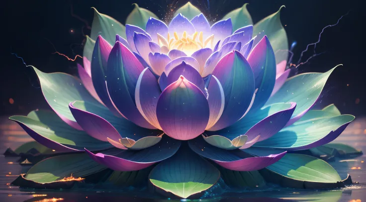 The Great Lotus in the Light of Tyndall   {blue white colors}Fire，Lightning arc，Light effects,CG,Blizzard style art trends,Diffuse luminous fog Glow-in-the-dark particles,Brilliant volumetric light - AR 3:4 --s 750 --v 5.2