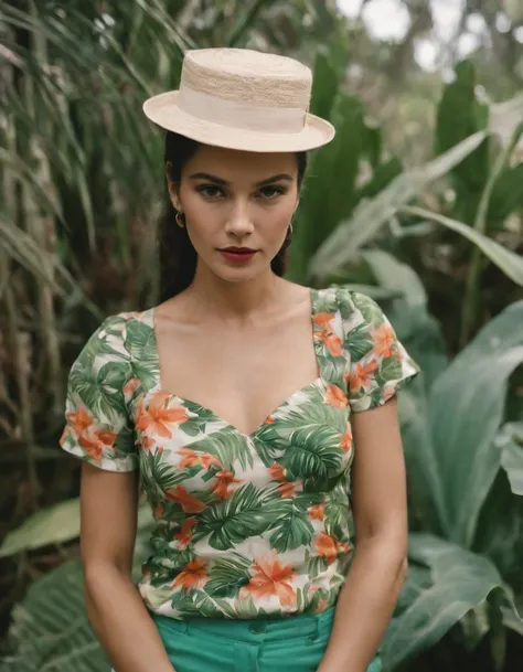 a woman wearing tropical colored pants, a hat, in the style of ilford pan f, made of rubber, punk, kodak vision3 250d 5207, poolcore, danish golden age, reflective(medium shot)