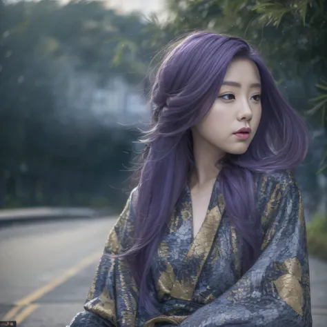 Agate glass texture 32K（tmasterpiece，k hd，hyper HD，32K）Long flowing bright purple hair，Autumn Pond，zydink， a color， Asian people （Kizi）， （Red scarf）， Combat posture， looking at the ground， long whitr hair， Floating bright purple， Fire cloud pattern gold ti...