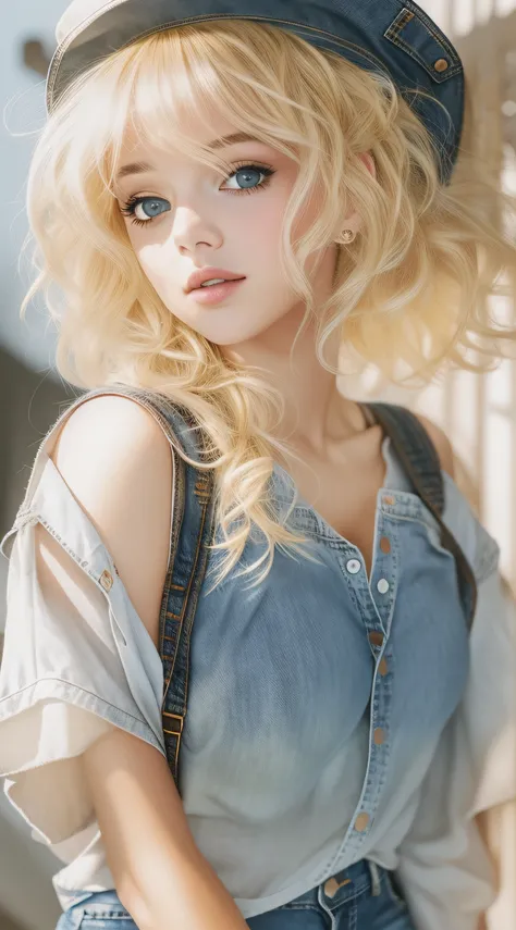 The camera looks up，blond hairbl，cleavage，cropped shoulders，whitet-shirt，Ragged denim shorts，Picture-perfect face，ultraclear，32K，Dark light