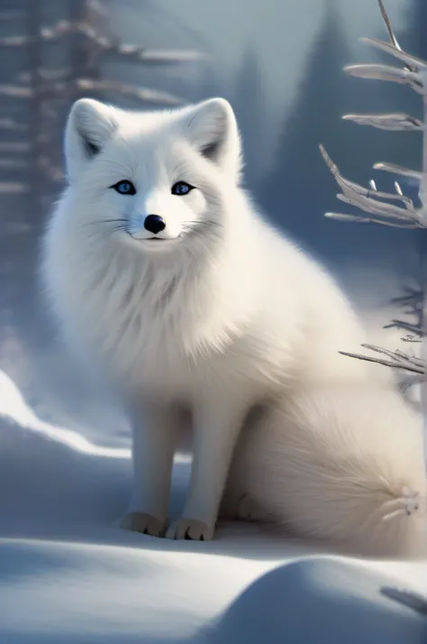 T"arctic fox,white fluffy fur,sharp ears,curious eyes,cute and agile," +
"snow-covered mountain peaks,steep slopes,glistening snowflakes," +
"(best quality,highres:1.2),ultra-detailed,realistic," +
"soft color palette,cool blues and whites," +
"natural sun...