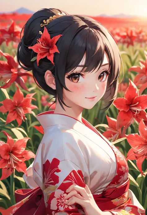 A 8k resolution ultrarealistic half-body portrait of red kimono girl, highly stylized ultrarealistic illustration,  (a cluster amaryllis field background, red background), 
BREAK, 
(1red kimono girl:1.3, solo), (kimono model), (upper body:1.3), ((squatting...