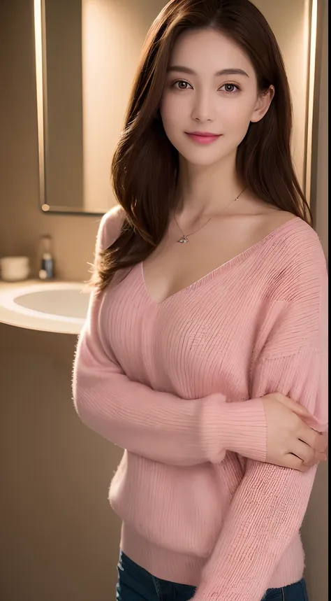 ((Night, Realistic Light, Best Quality, 8K, Masterpiece: 1.3)), 1girl, Slim Beauty: 1.4, Abs: 1.1, (Brown hair, Medium breasts: 1.3), Long pink sweater: 1.1, Bathroom, Super fine face, Delicate eyes, Double eyelids, smile, necklace