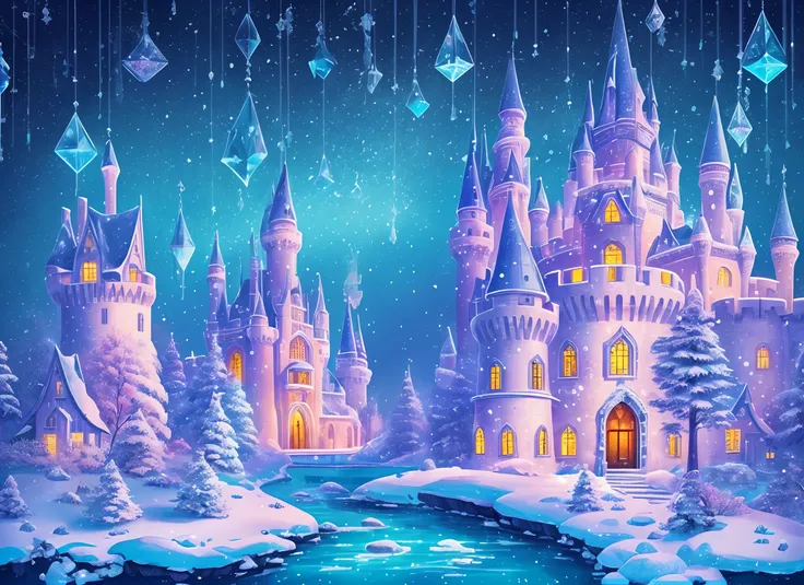 (Artist style, illustration: 1.3), through the mysterious fairy tale world, came to a castle in an ice and snow environment, the castle is wide and wonderful, (quaint architectural style: 1.2), the castle is made of sea blue and pink ice cubes and ice crys...