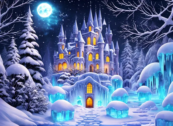 (Artist style, illustration: 1.3), through the mysterious fairy tale world, came to a castle in an ice and snow environment, the castle is wide and wonderful, (quaint architectural style: 1.2), the castle is made of sea blue and pink ice cubes and ice crys...