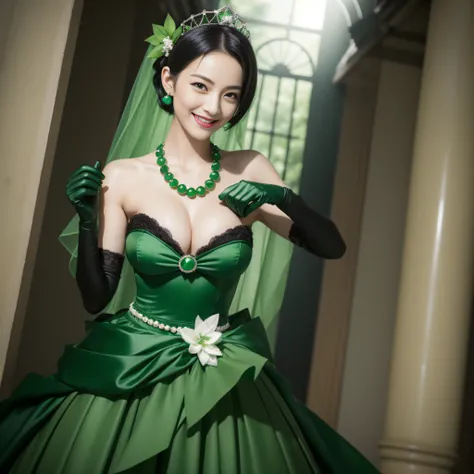 Boyish very short black hair, lipsticks, Japan woman smiling, Green Long Grove,　Emerald Tia boyish very short black hair, lipsticks, Japan woman smiling, Satin green long gloves,　emerald tiara, Green Pearl Necklace, verd s eyes, Green eyes, Long green glov...