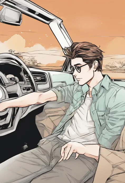 teenage boy, talking to his father inside a car, super detailed image, manga style, full hd